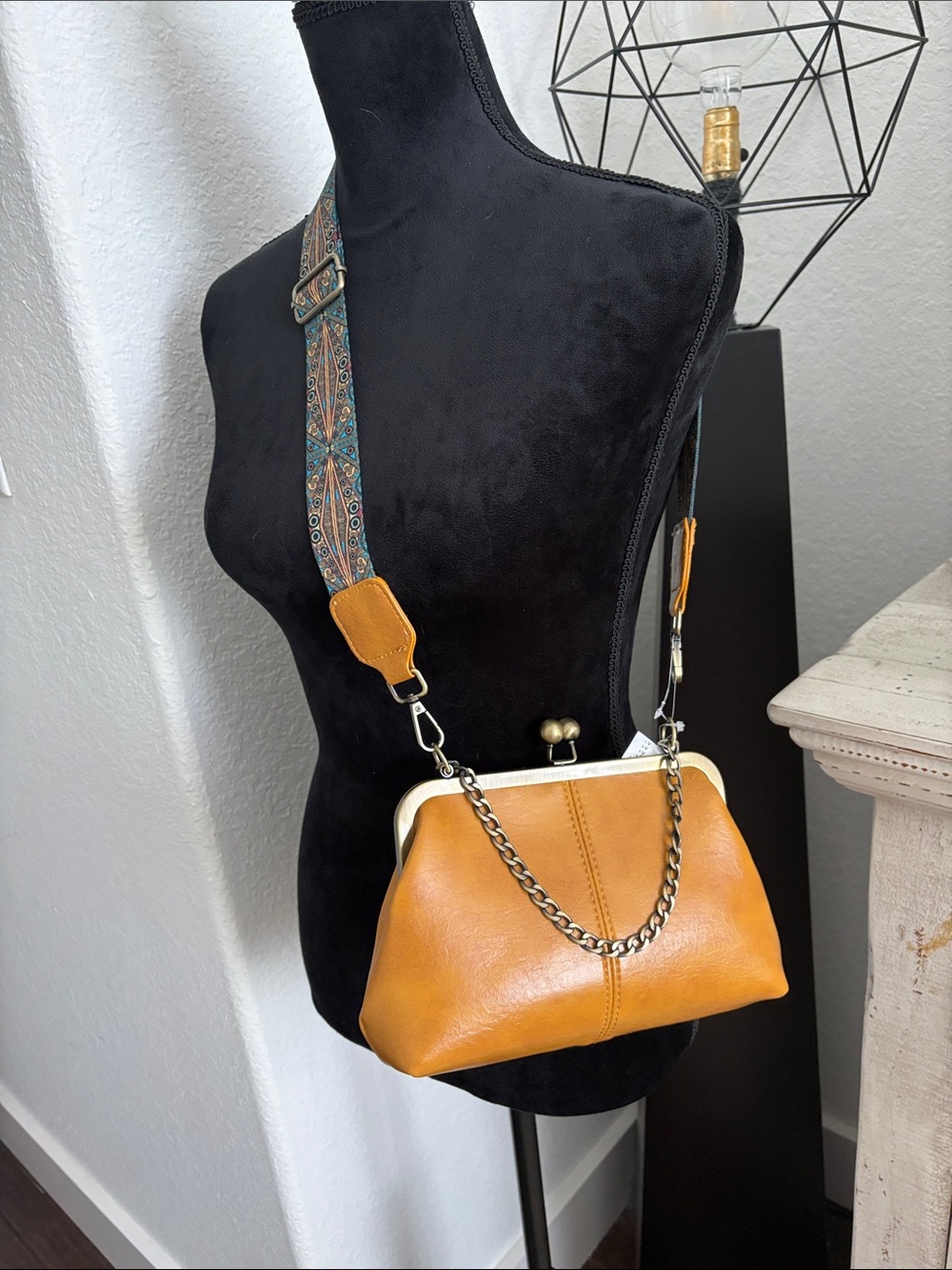 Mustard Leather Crossbody Bag with Decorative Strap